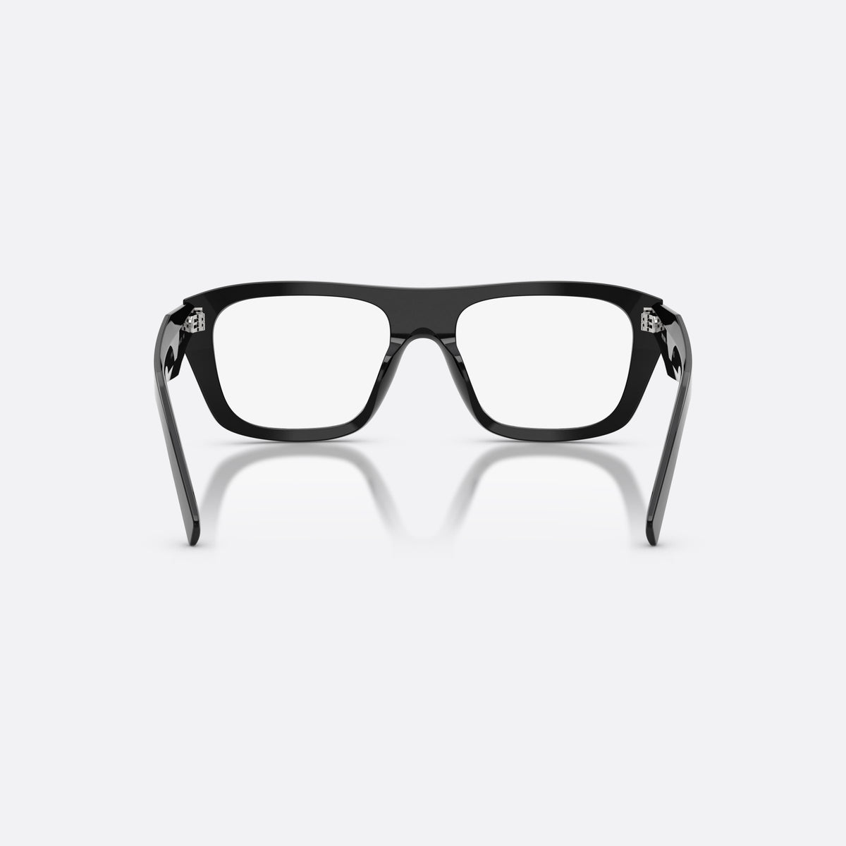 Prada PR D07VU 16K1O1 eyeglasses, black rectangle frame for women, plain saddle-style bridge, brand lettering on temples, back view