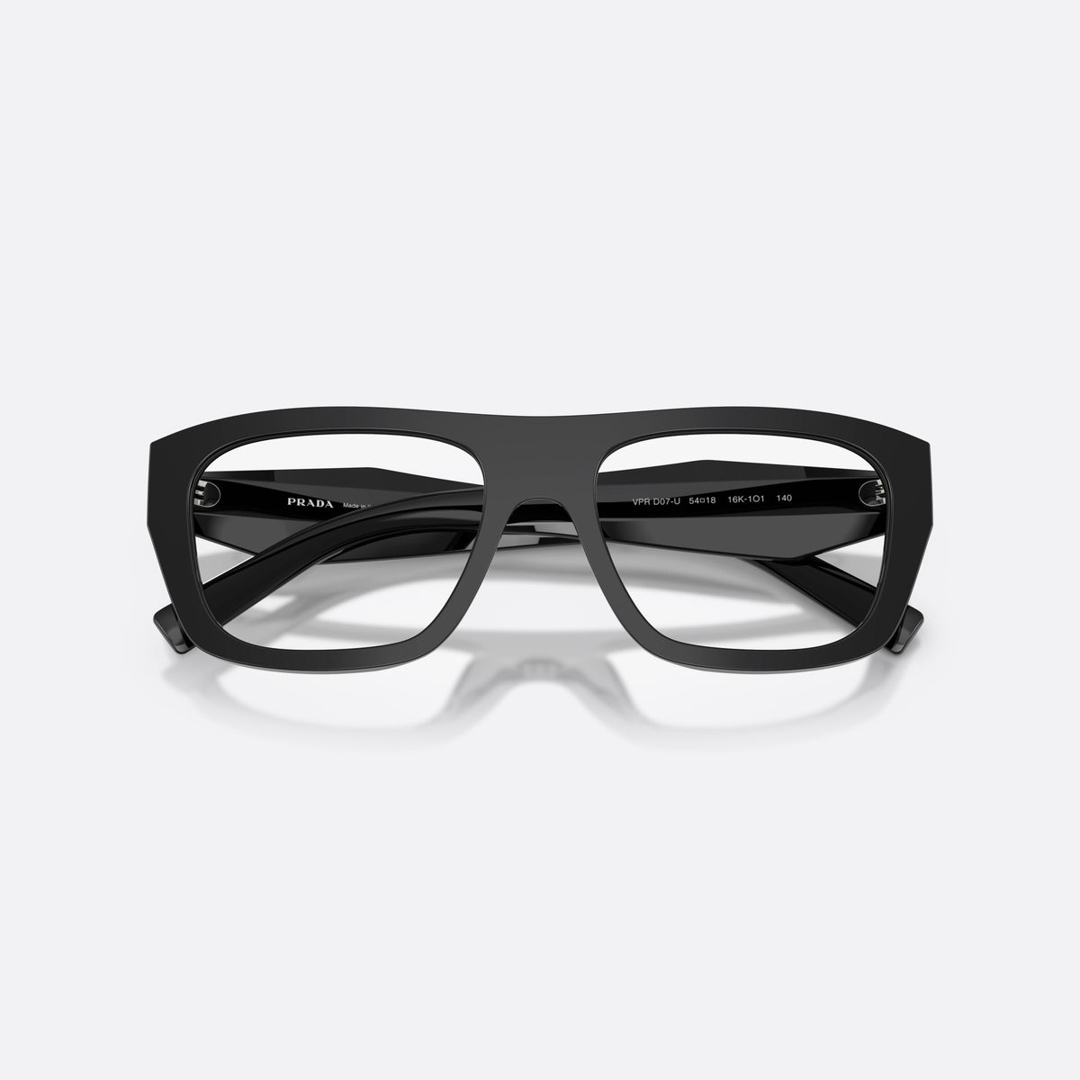 Prada PR D07VU 16K1O1 eyeglasses, black rectangle frame for women, plain saddle-style bridge, brand lettering on temples, folded