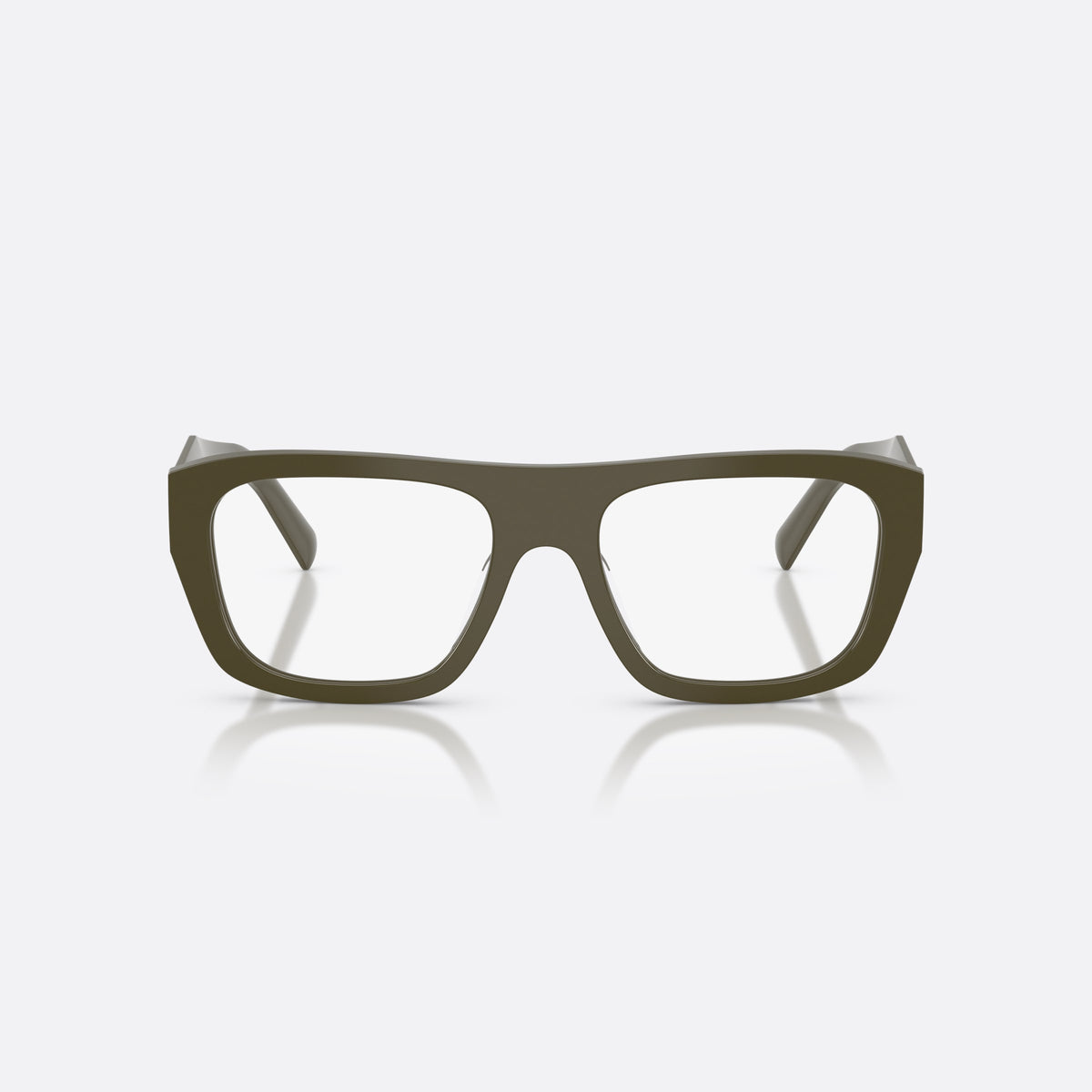 Prada PR D07VU 26J1O1 eyeglasses, green rectangle frame for women, plain saddle-style bridge, brand lettering on temples, front view