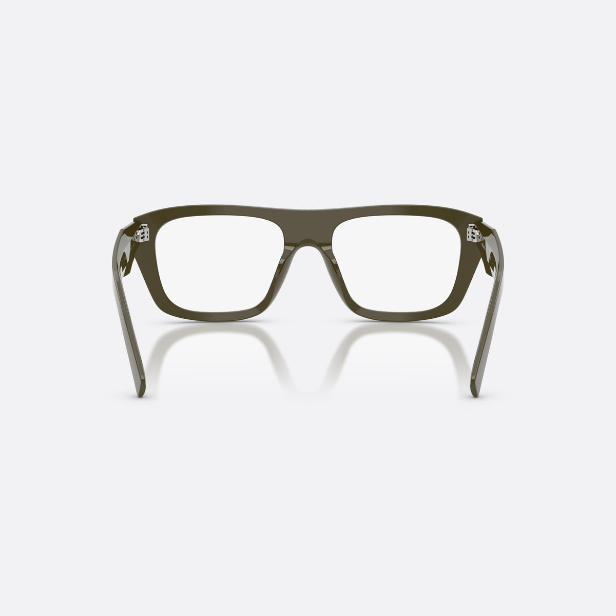 Prada PR D07VU 26J1O1 eyeglasses, green rectangle frame for women, plain saddle-style bridge, brand lettering on temples, back view