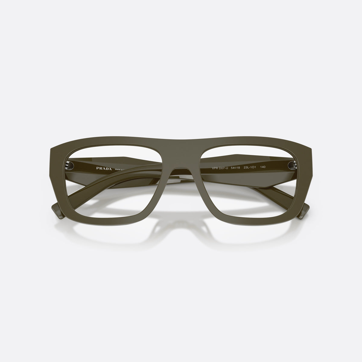 Prada PR D07VU 26J1O1 eyeglasses, green rectangle frame for women, plain saddle-style bridge, brand lettering on temples, folded