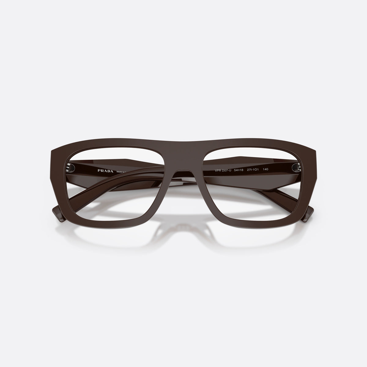 Prada PR D07VU 27I1O1 eyeglasses, brown rectangle frame for women, plain saddle bridge, brand lettering on temple, folded