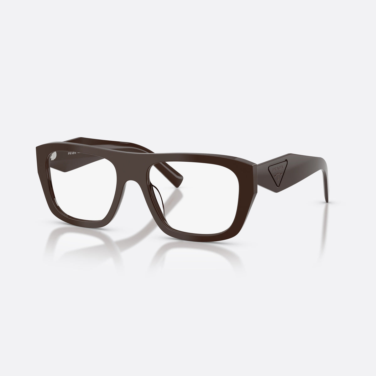 Prada PR D07VU 27I1O1 eyeglasses, brown rectangle frame for women, saddle bridge with solid arch, brand logo plaque on temple