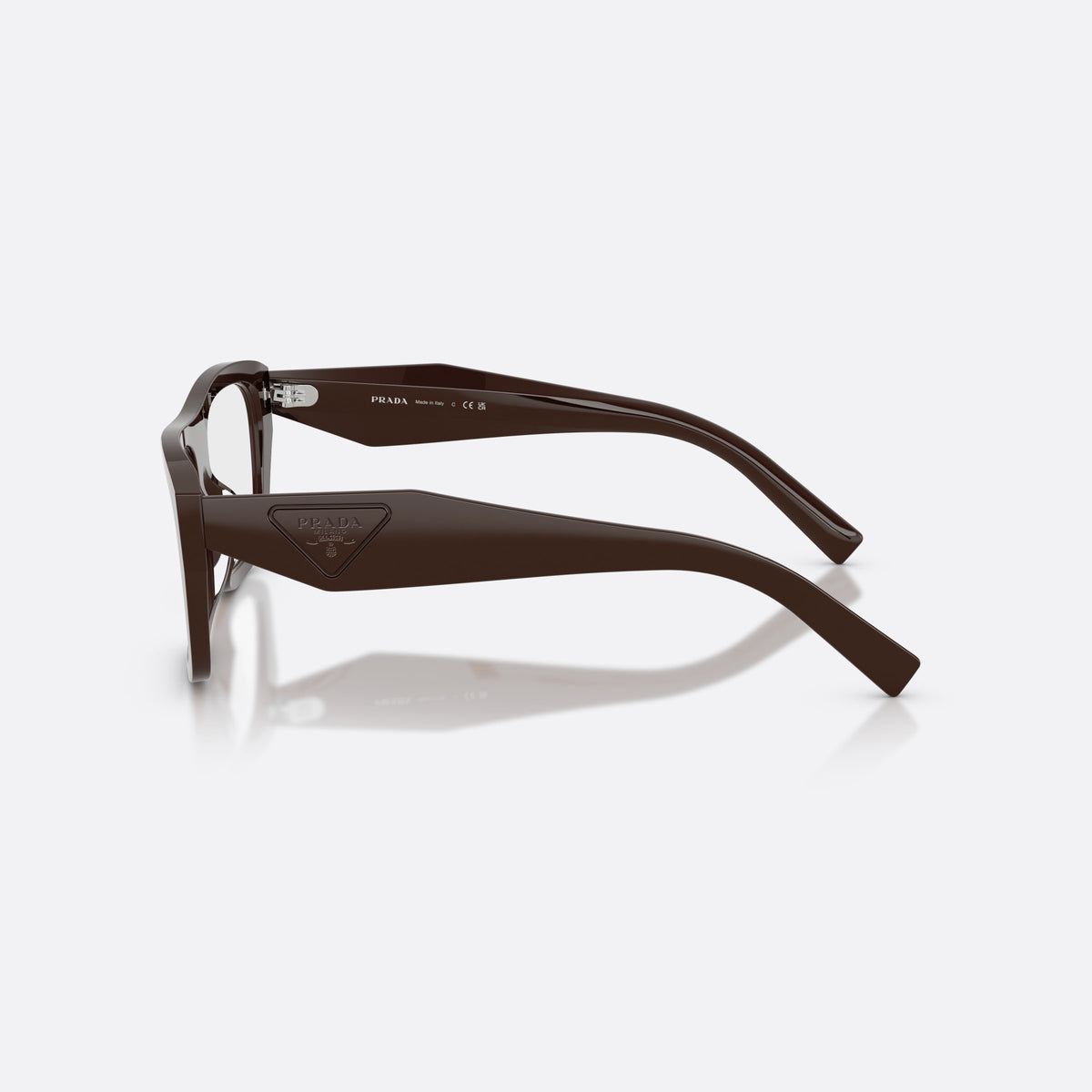 Prada PR D07VU 27I1O1 eyeglasses, brown rectangle frame for women, saddle bridge with solid arch, brand logo plaque on temple, side view