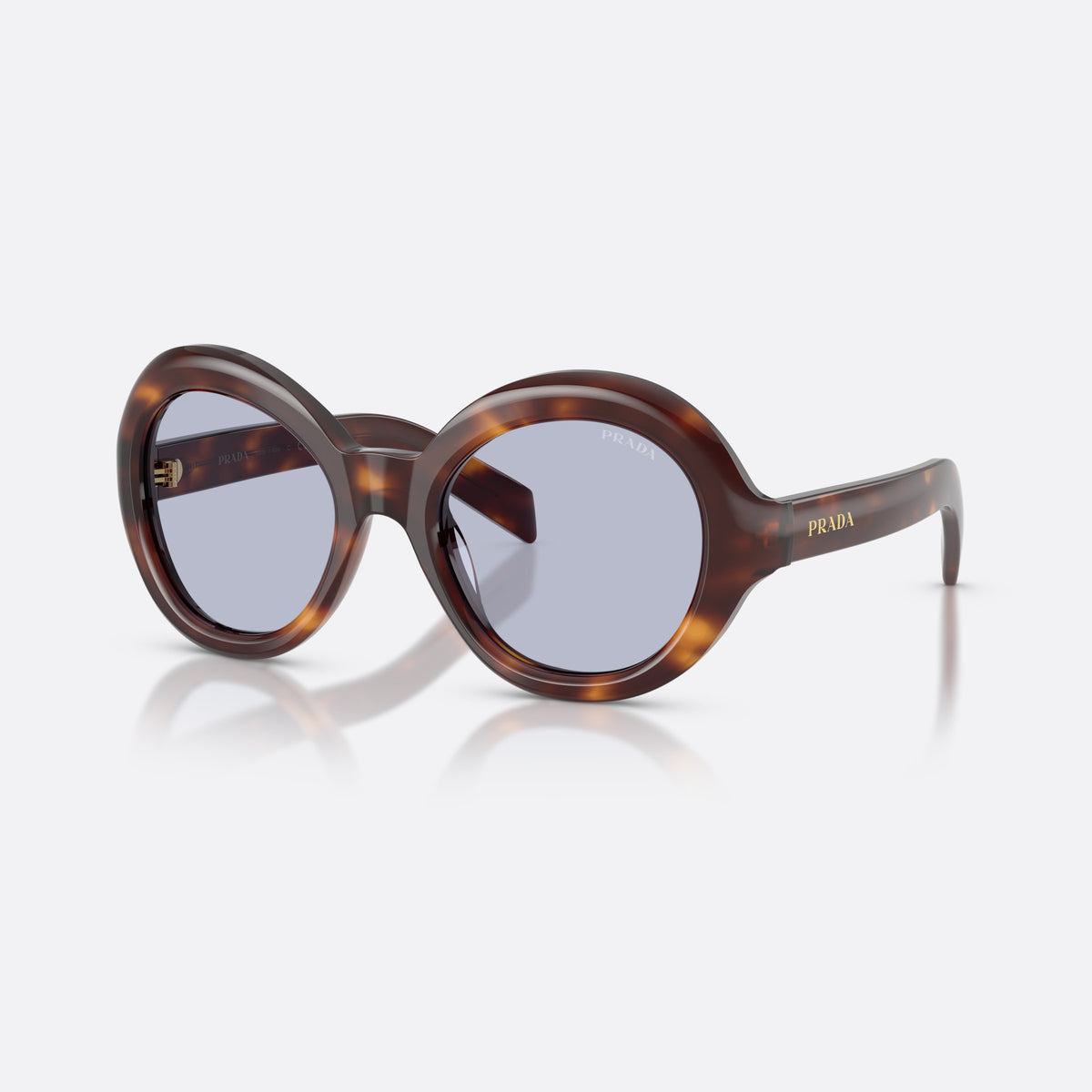 Prada PR D08SU 15W30X sunglasses, havana round frame for women, plain saddle bridge, brand lettering on temples