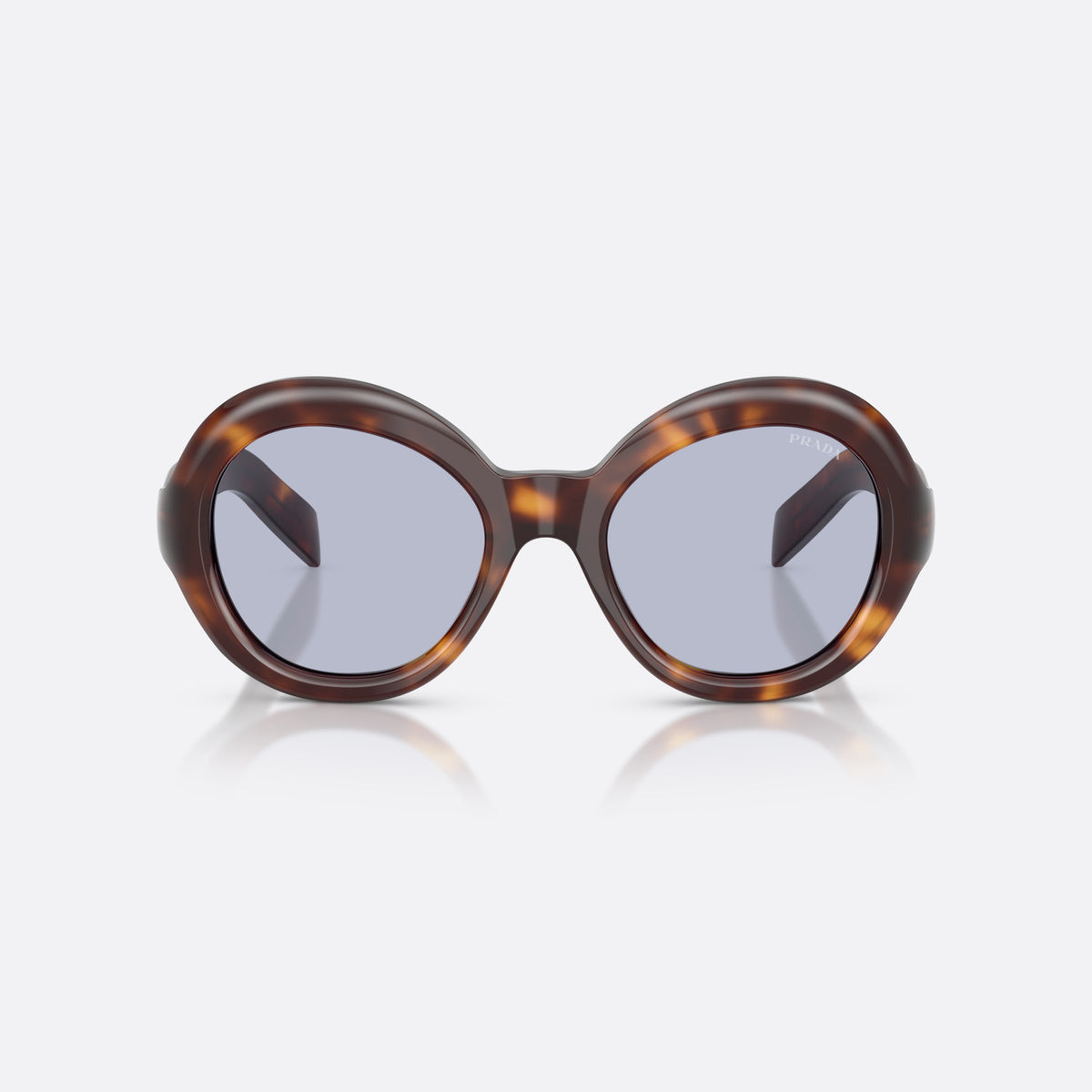 Prada PR D08SU 15W30X sunglasses, havana round frame for women, plain saddle bridge, brand lettering on temples, front view