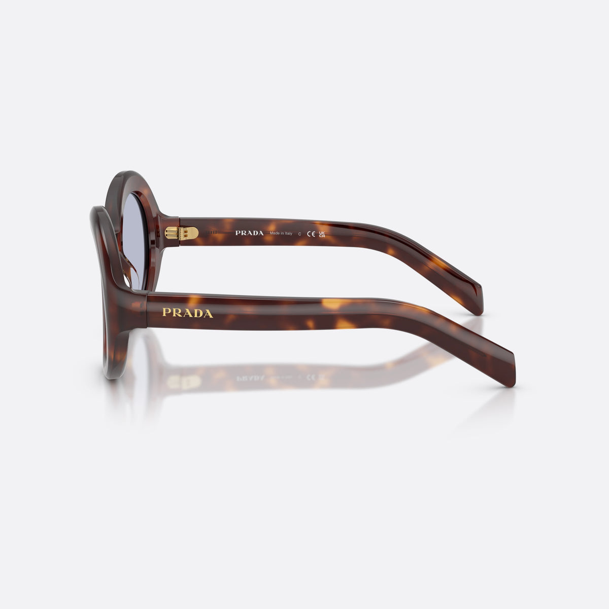 Prada PR D08SU 15W30X sunglasses, havana round frame for women, plain saddle bridge, brand lettering on temples, side view