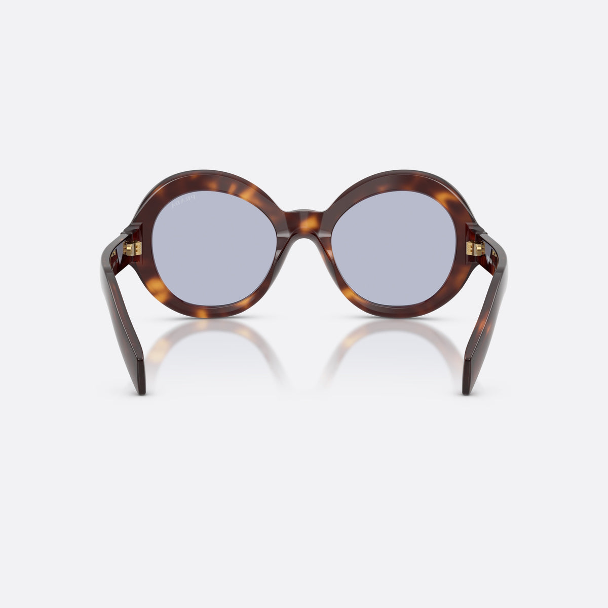 Prada PR D08SU 15W30X sunglasses, havana round frame for women, plain saddle bridge, brand lettering on temples, back view