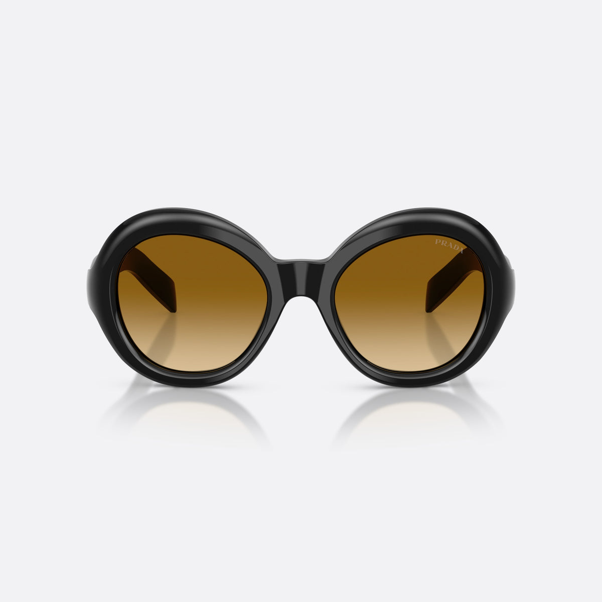 Prada PR D08SU 16K10X sunglasses, black round frame for women, plain bridge, brand lettering on temples, full-rim frame, front view