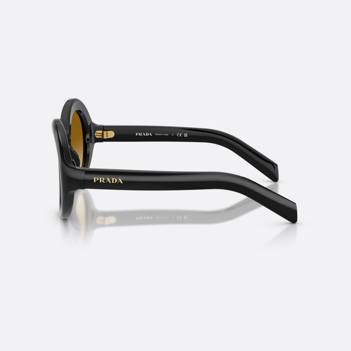 Prada PR D08SU 16K10X sunglasses, black round frame for women, plain bridge, brand lettering on temples, full-rim frame, side view
