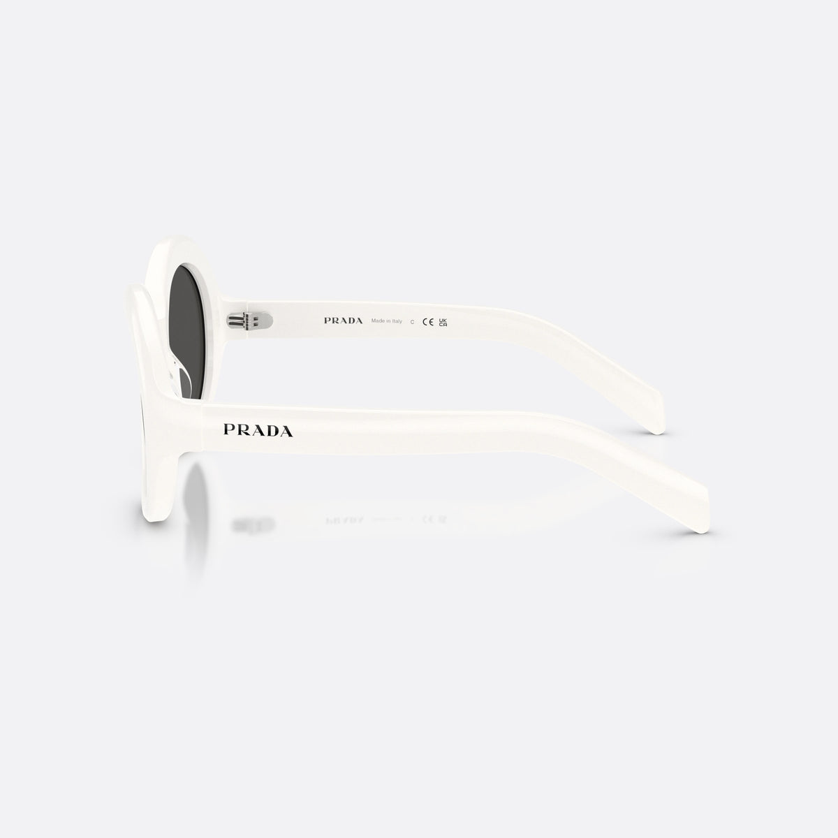 Prada PR D08SU 17K08Z sunglasses, white round frame for women, plain integrated bridge, brand lettering on temples, side view