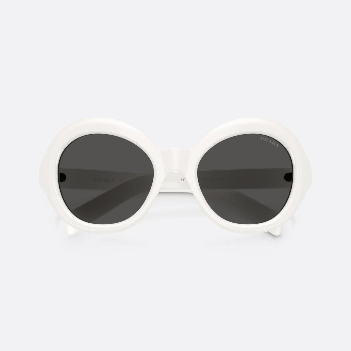 Prada PR D08SU 17K08Z sunglasses, white round frame for women, plain integrated bridge, brand lettering on temples, folded