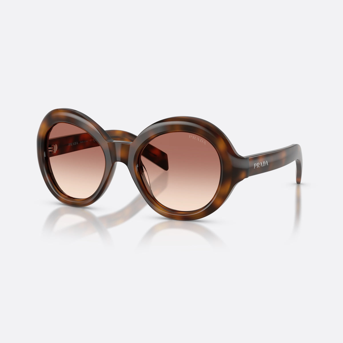 Ochelari de soare Prada PR D08SU 20D70X, rotunzi havana, pentru femei, litere ale brandului pe braț, brațe late care se îngustează