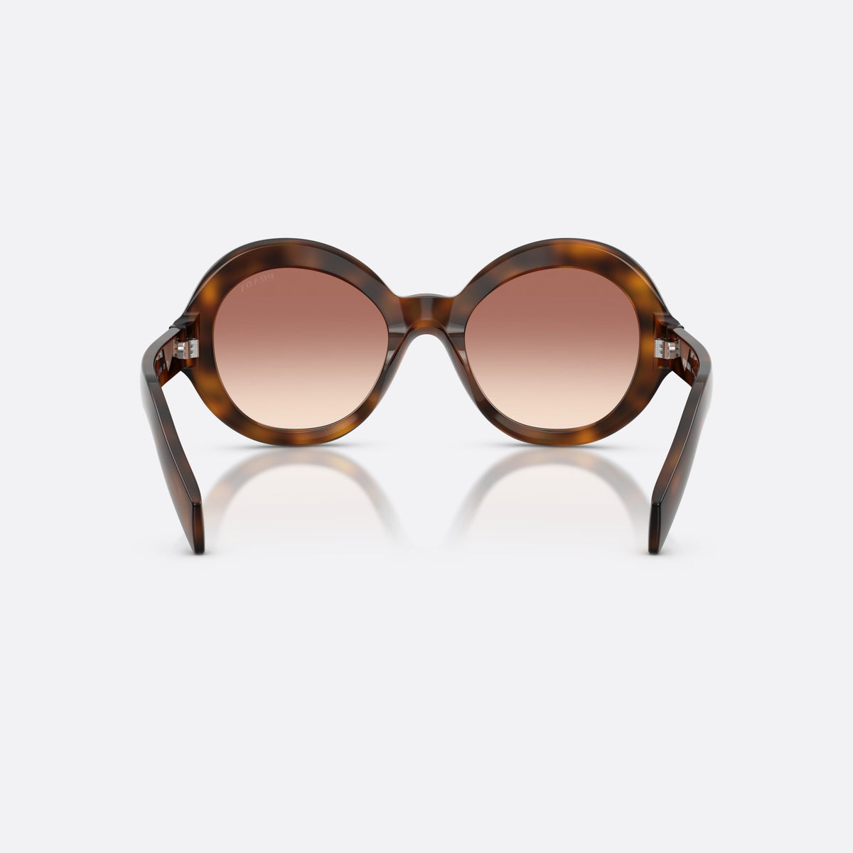 Prada PR D08SU 20D70X sunglasses, havana round frame for women, brand lettering on temple, wide tapered temples, back view