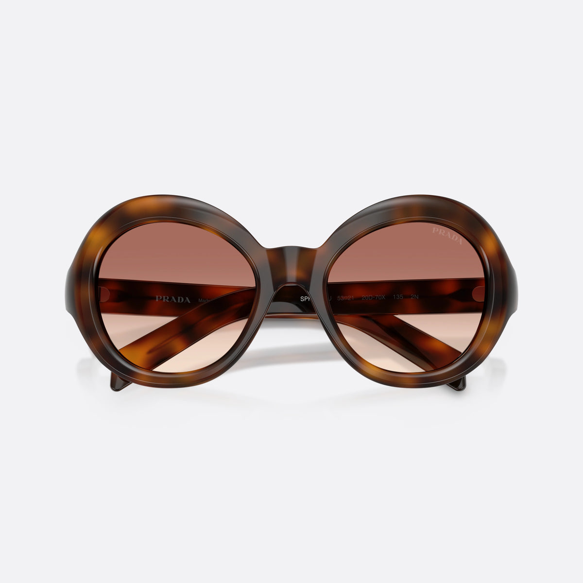 Prada PR D08SU 20D70X sunglasses, havana round frame for women, brand lettering on temple, wide tapered temples, folded