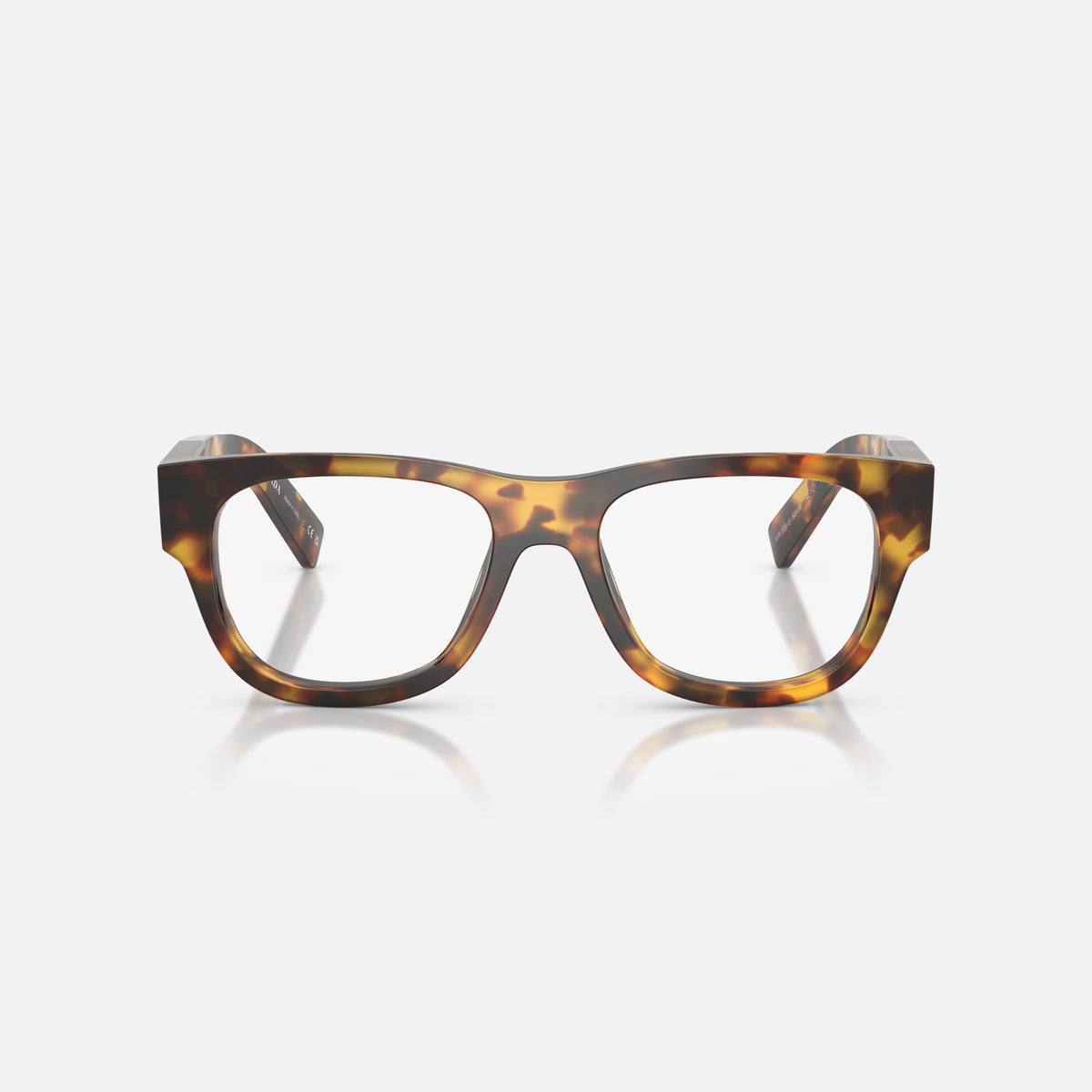 Prada PR D08VU 14L1O1 eyeglasses, havana square frame for men, plain saddle bridge, brand lettering on temples, front view