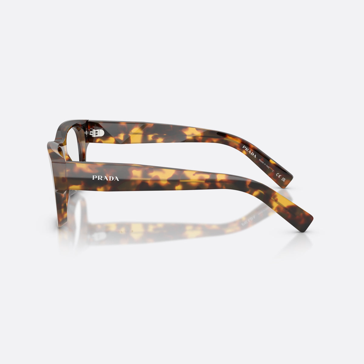 Prada PR D08VU 14L1O1 eyeglasses, havana square frame for men, plain saddle bridge, brand lettering on temples, side view