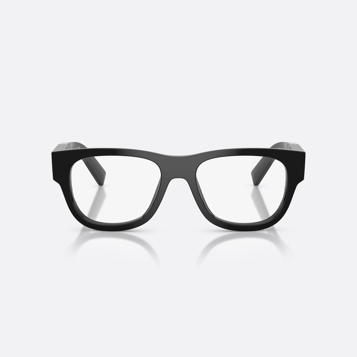 Prada PR D08VU 16K1O1 eyeglasses, black square frame for men, plain bridge, narrow saddle shape, wide tapered temples, front view