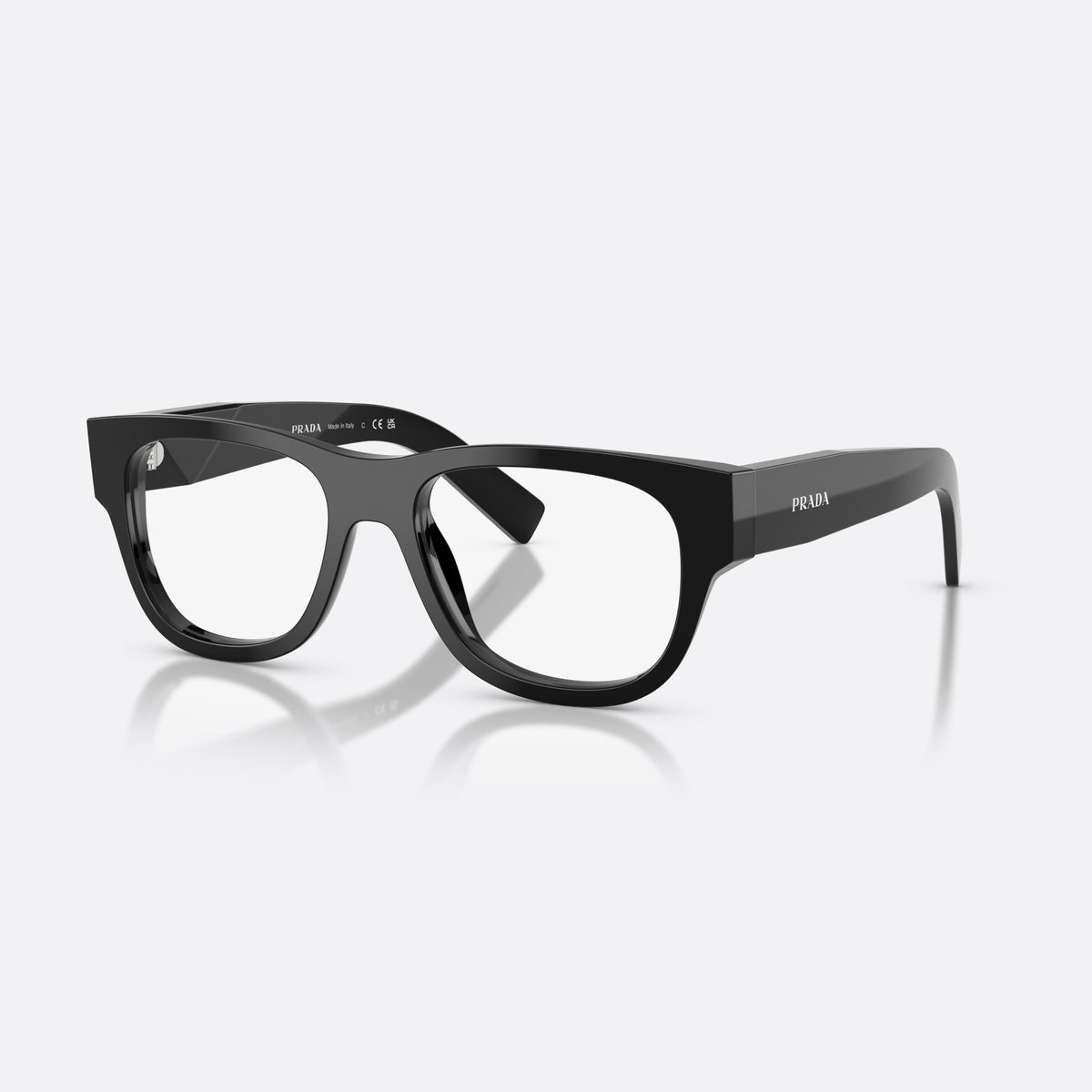 Prada PR D08VU 16K1O1 eyeglasses, black square frame for men, plain bridge, moderately narrow, brand lettering on temples