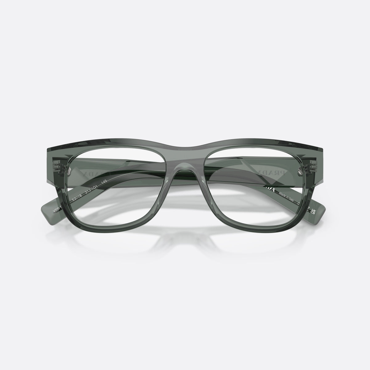 Prada PR D08VU 21J1O1 eyeglasses, grey square frame for men, plain bridge, integrated into frame, full-rim frame, folded