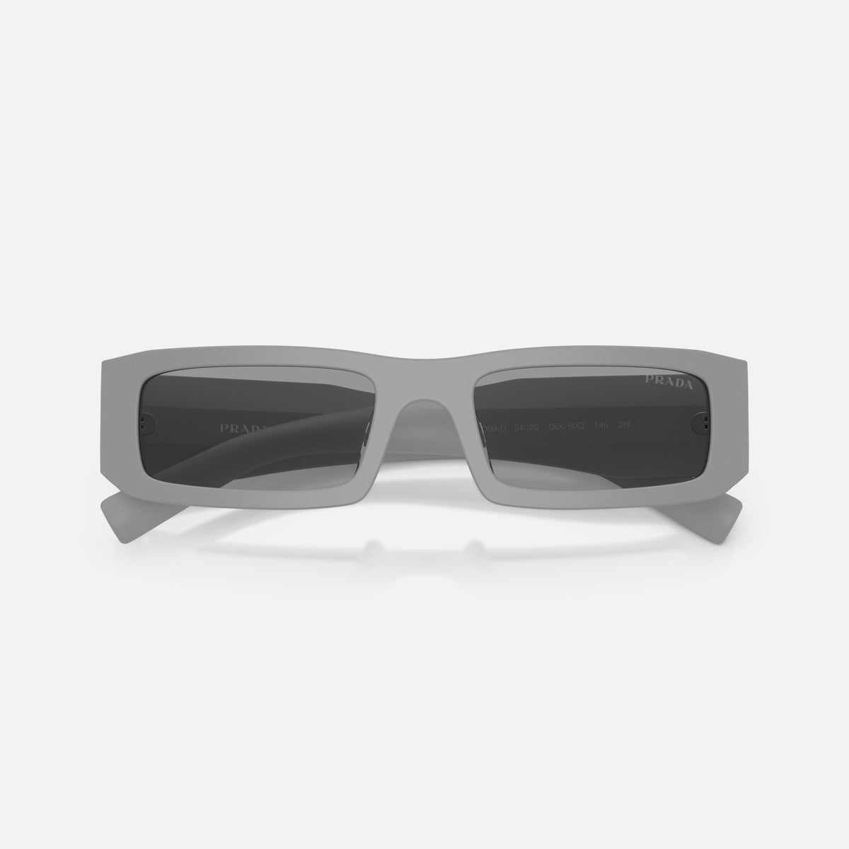 Prada PR D09SD 06K50Q sunglasses, grey rectangle frame for men, keyhole bridge, brand logo on temple, wide tapered temples, folded