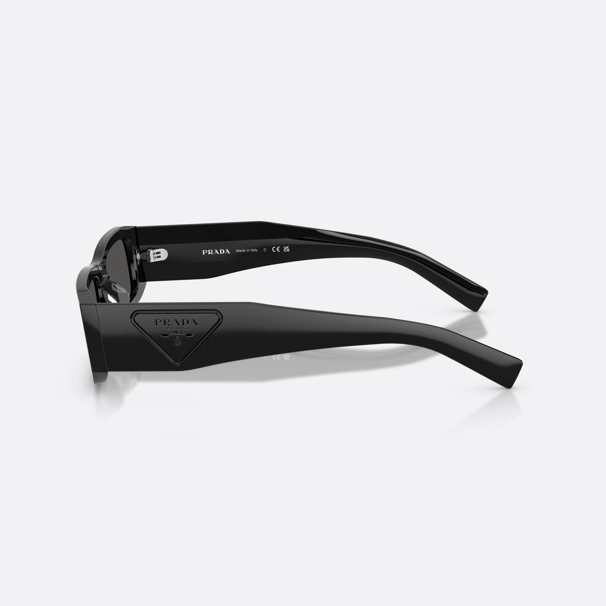 Prada PR D09SD 16K08Z sunglasses, black rectangle frame for men, plain low bridge, brand logo on temple, side view