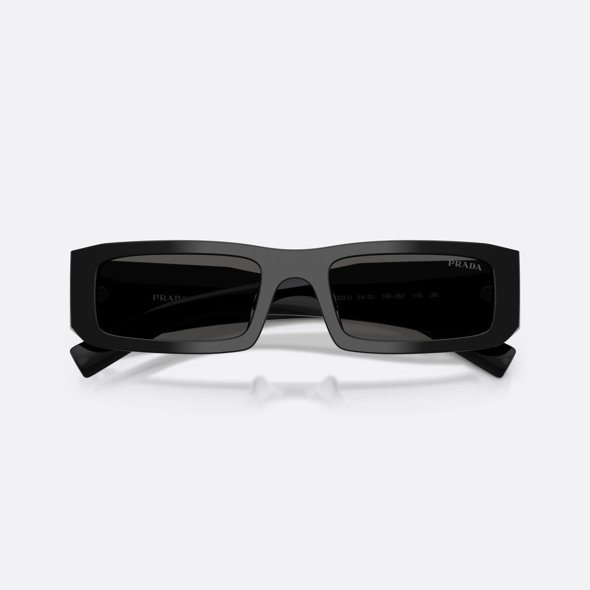 Prada PR D09SD 16K08Z sunglasses, black rectangle frame for men, plain low bridge, brand logo on temple, folded