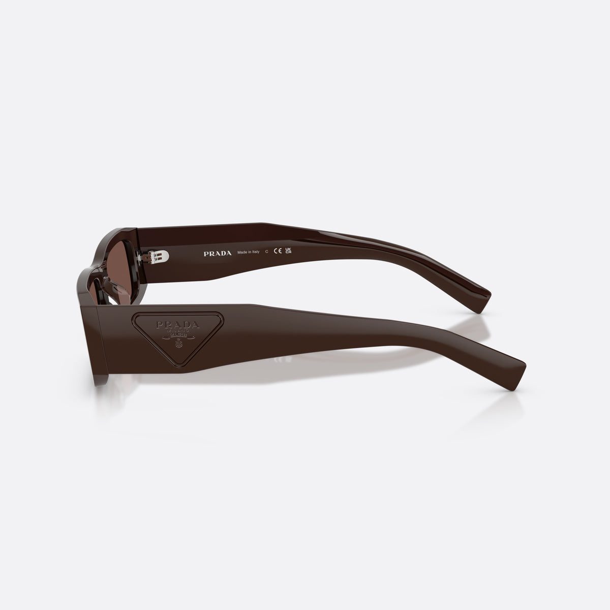 Prada PR D09SD 27I90W sunglasses, brown rectangle frame for men, plain bridge, brand logo on temple, full rim, side view