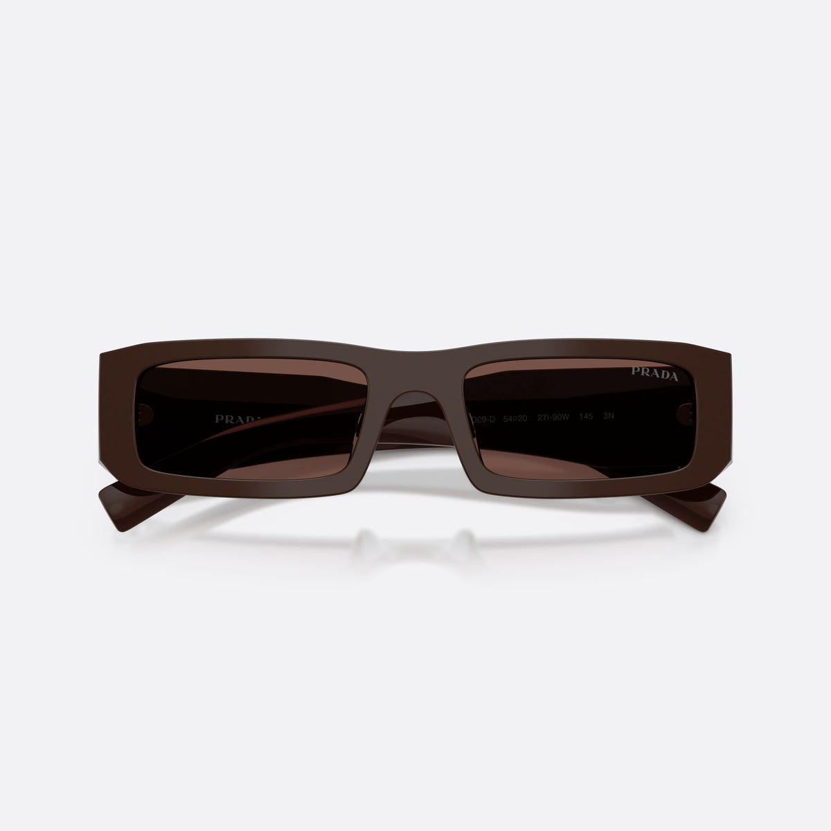Prada PR D09SD 27I90W sunglasses, brown rectangle frame for men, plain bridge, brand logo on temple, full rim, folded