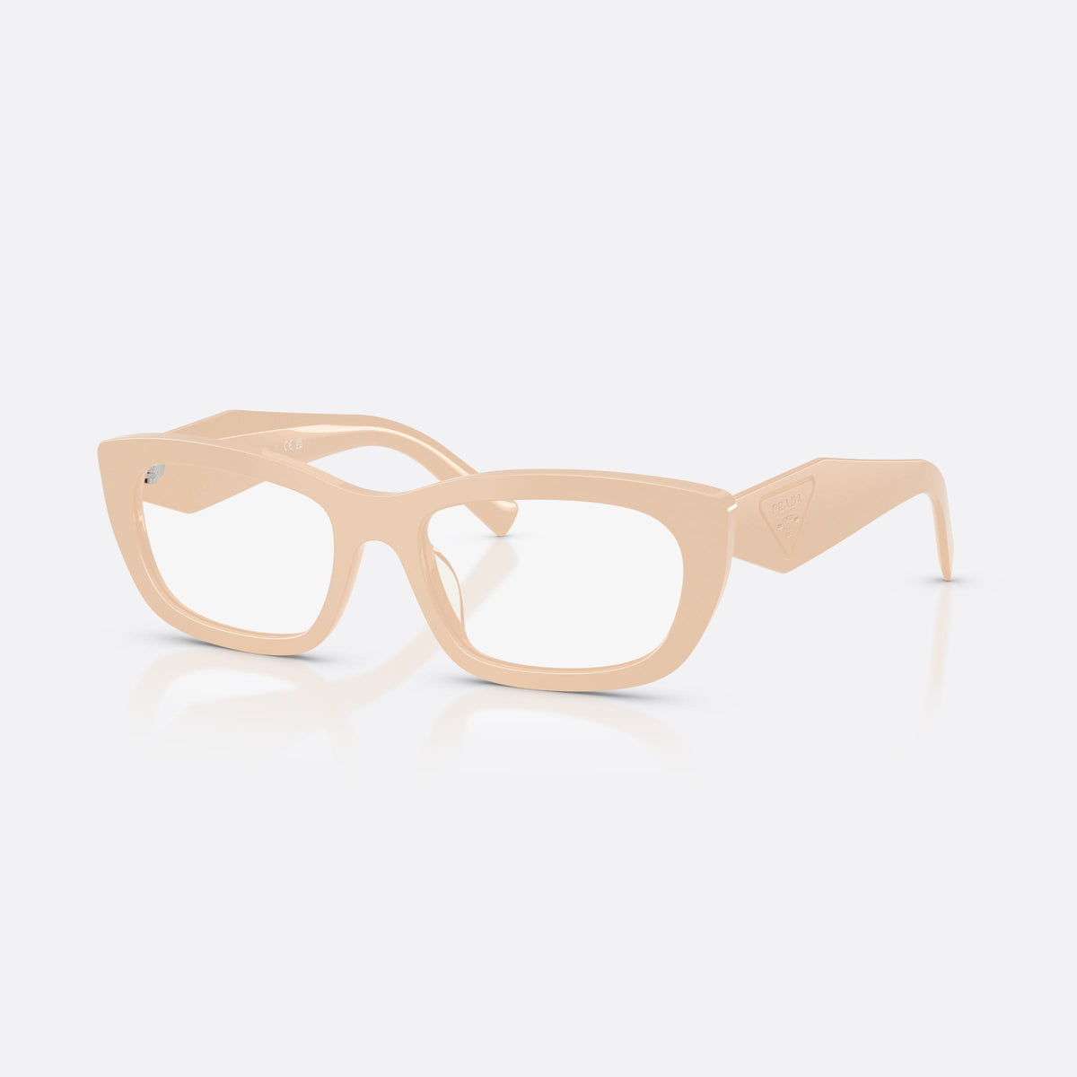 Prada PR D09V 25B1O1 eyeglasses, pink irregular frame for women, plain integrated bridge, brand lettering on temples