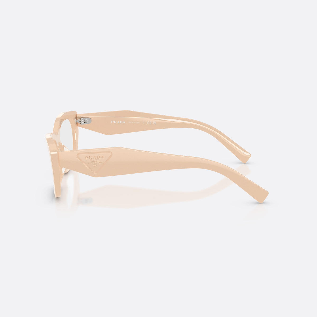 Prada PR D09V 25B1O1 eyeglasses, pink irregular frame for women, plain integrated bridge, brand lettering on temples, side view