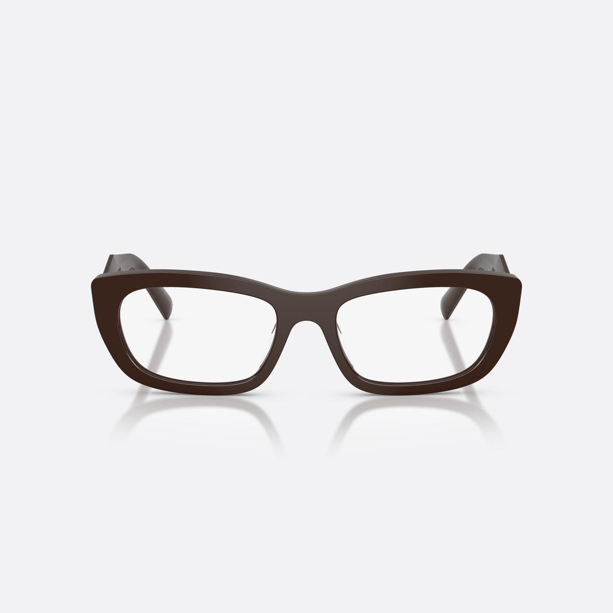 Prada PR D09V 27I1O1 eyeglasses, brown irregular frame for women, keyhole bridge, triangular brand logo plaque, front view