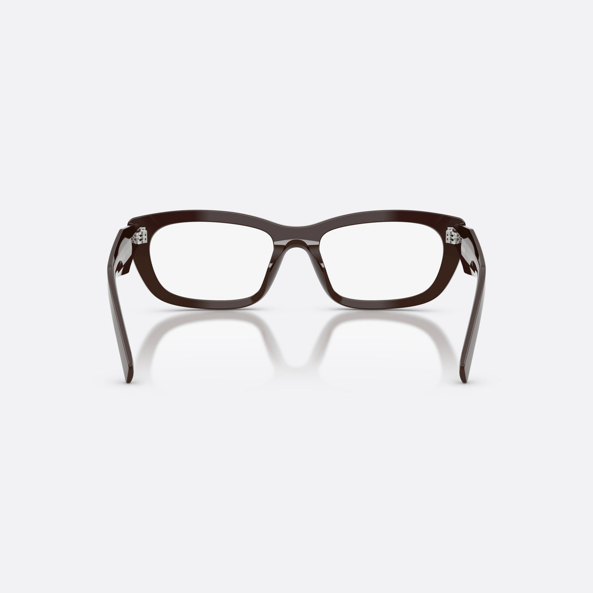 Prada PR D09V 27I1O1 eyeglasses, brown irregular frame for women, keyhole bridge, triangular brand logo plaque, back view