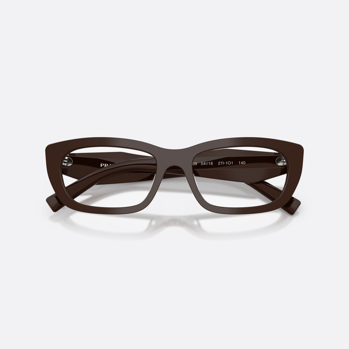 Prada PR D09V 27I1O1 eyeglasses, brown irregular frame for women, plain bridge, triangular brand logo plaque, folded