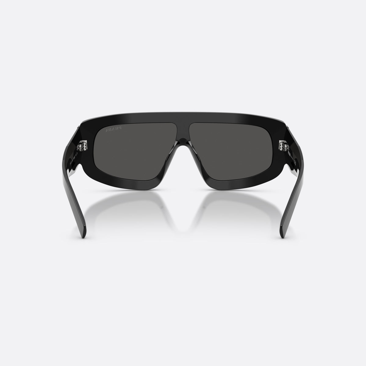 Prada PR D10S 16K08Z sunglasses, black irregular frame for men, single integrated bridge, brand lettering on lenses, back view