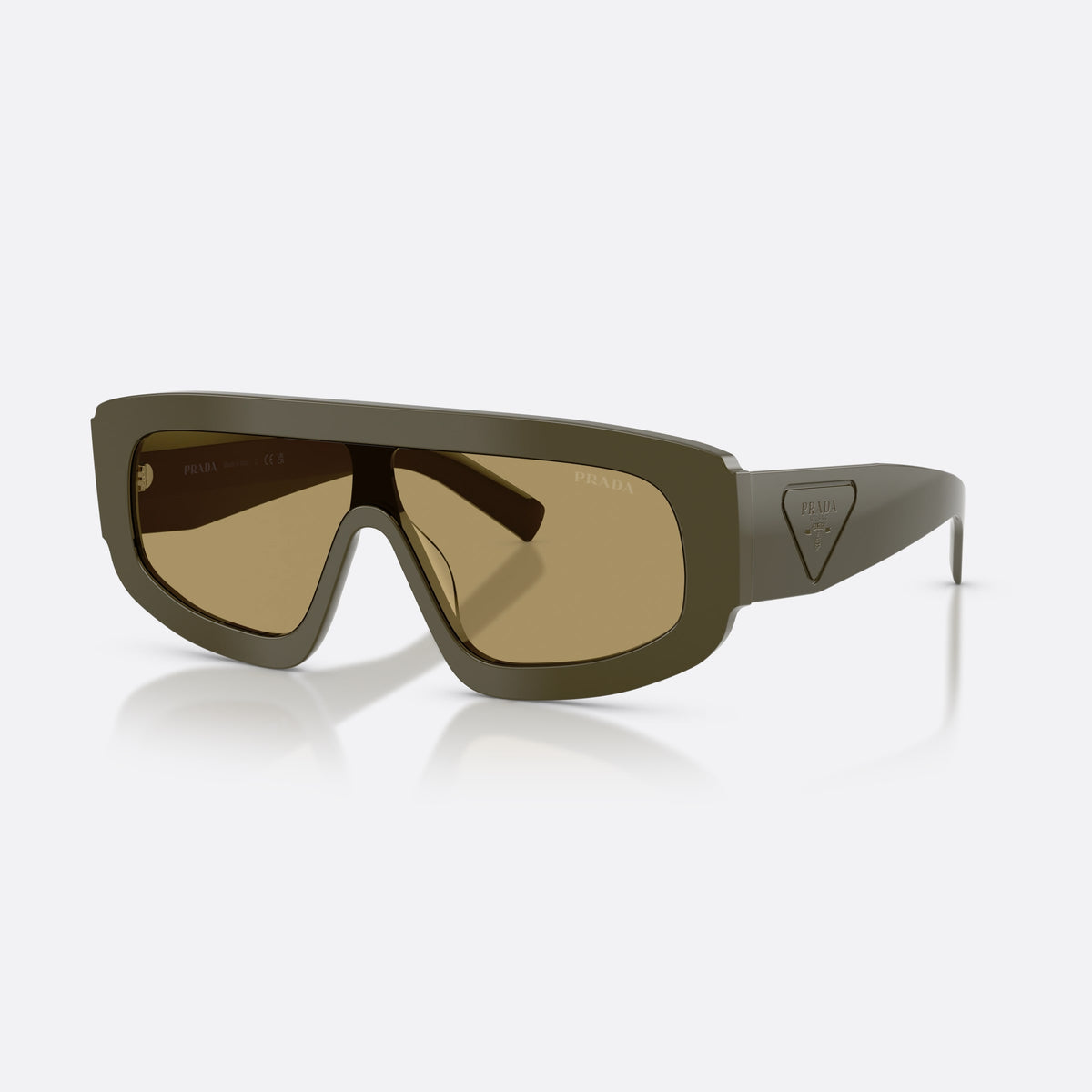 Prada PR D10S 26J70G sunglasses, green irregular frame for men, integrated plain bridge, wide temples with triangular plaque