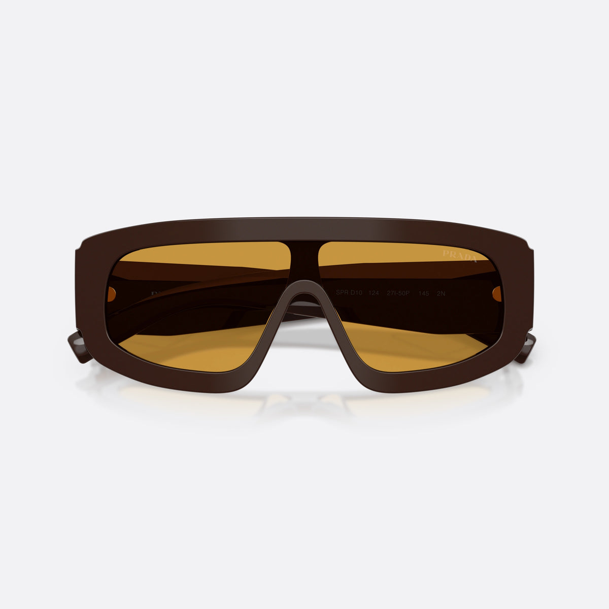 Prada PR D10S 27I50P sunglasses, brown irregular frame for men, brand logo on triangular plaque, folded