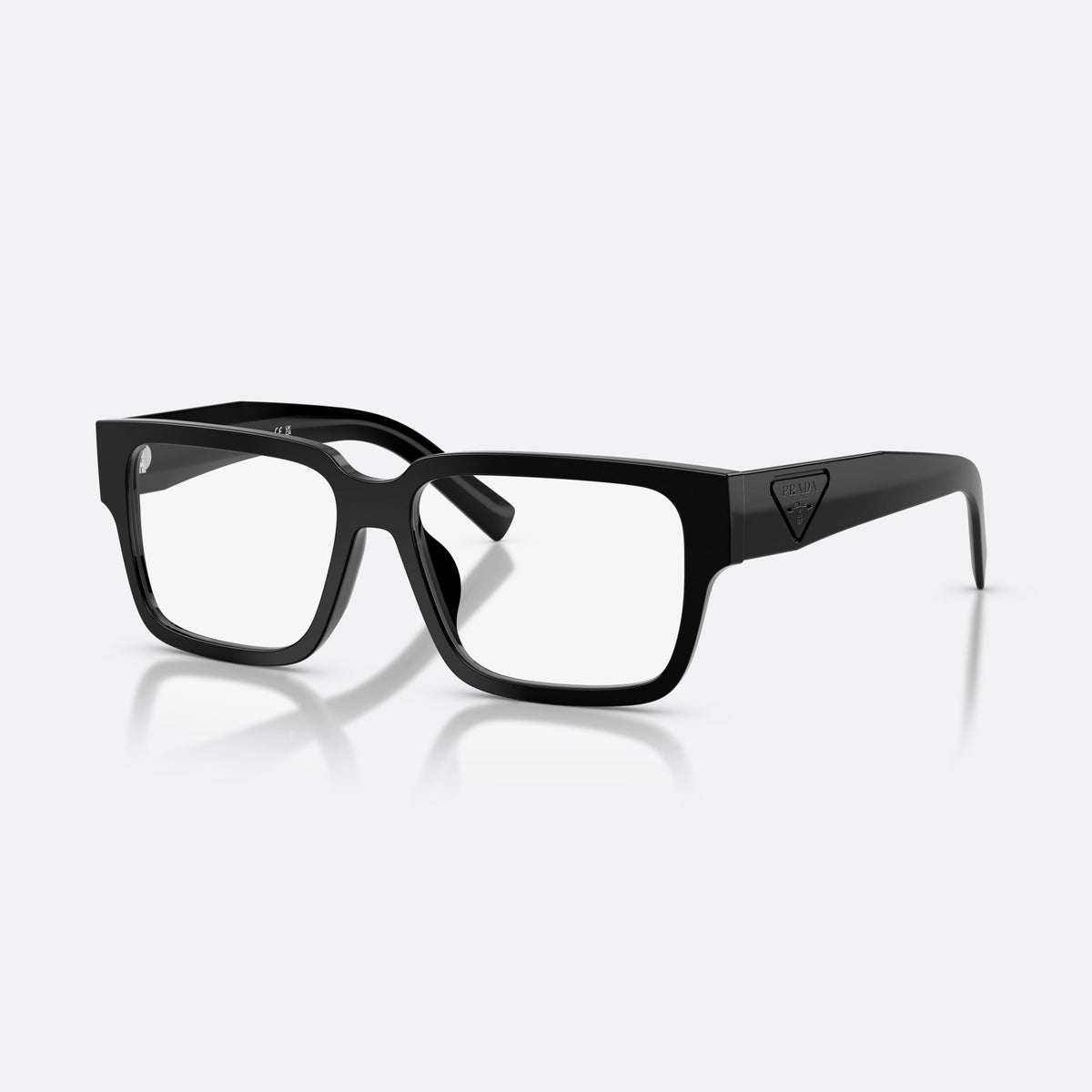 Prada PR D10VD 16K1O1 eyeglasses, black rectangle frame for men, plain bridge, triangular brand logo plaque