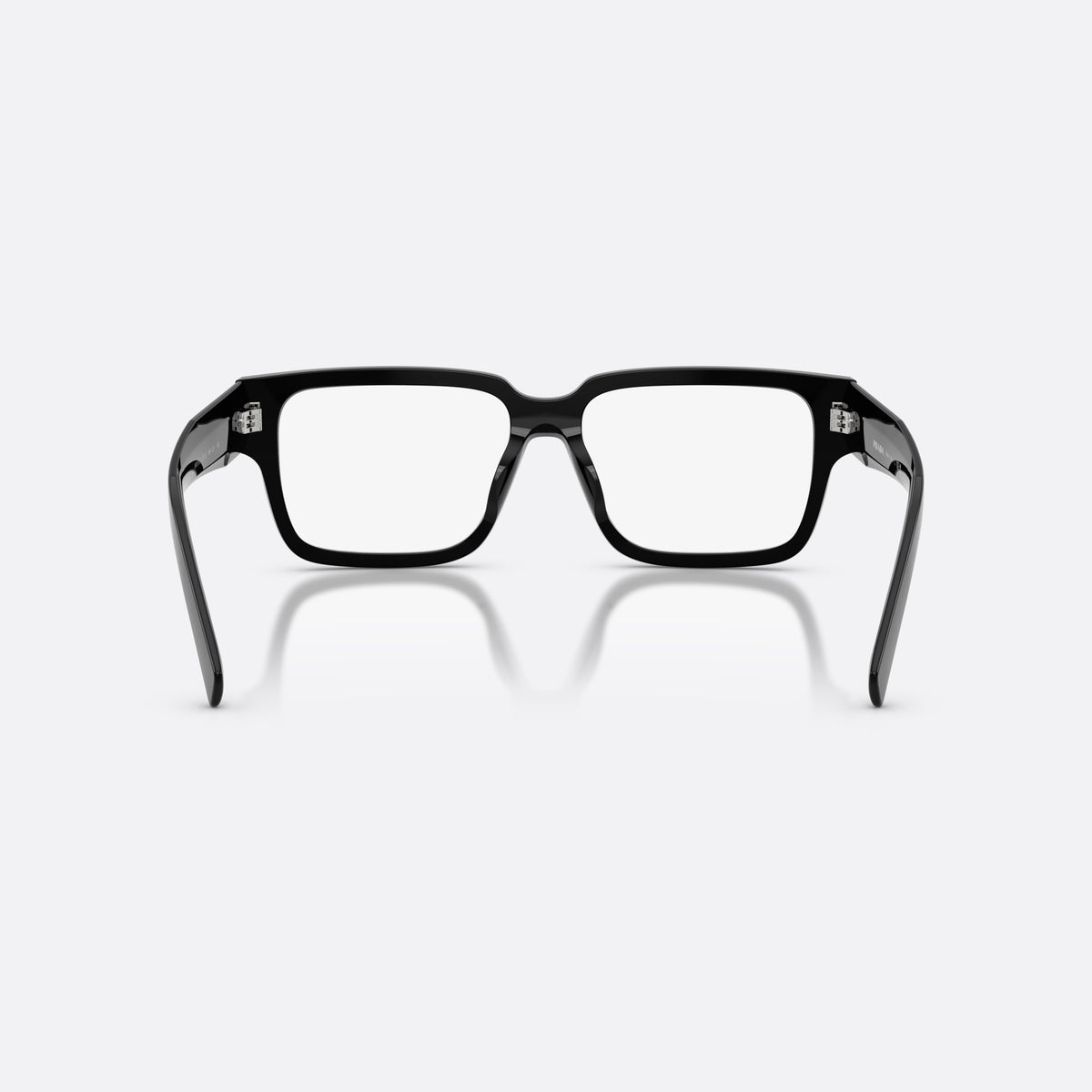 Prada PR D10VD 16K1O1 eyeglasses, black rectangle frame for men, plain bridge, triangular brand logo plaque, back view