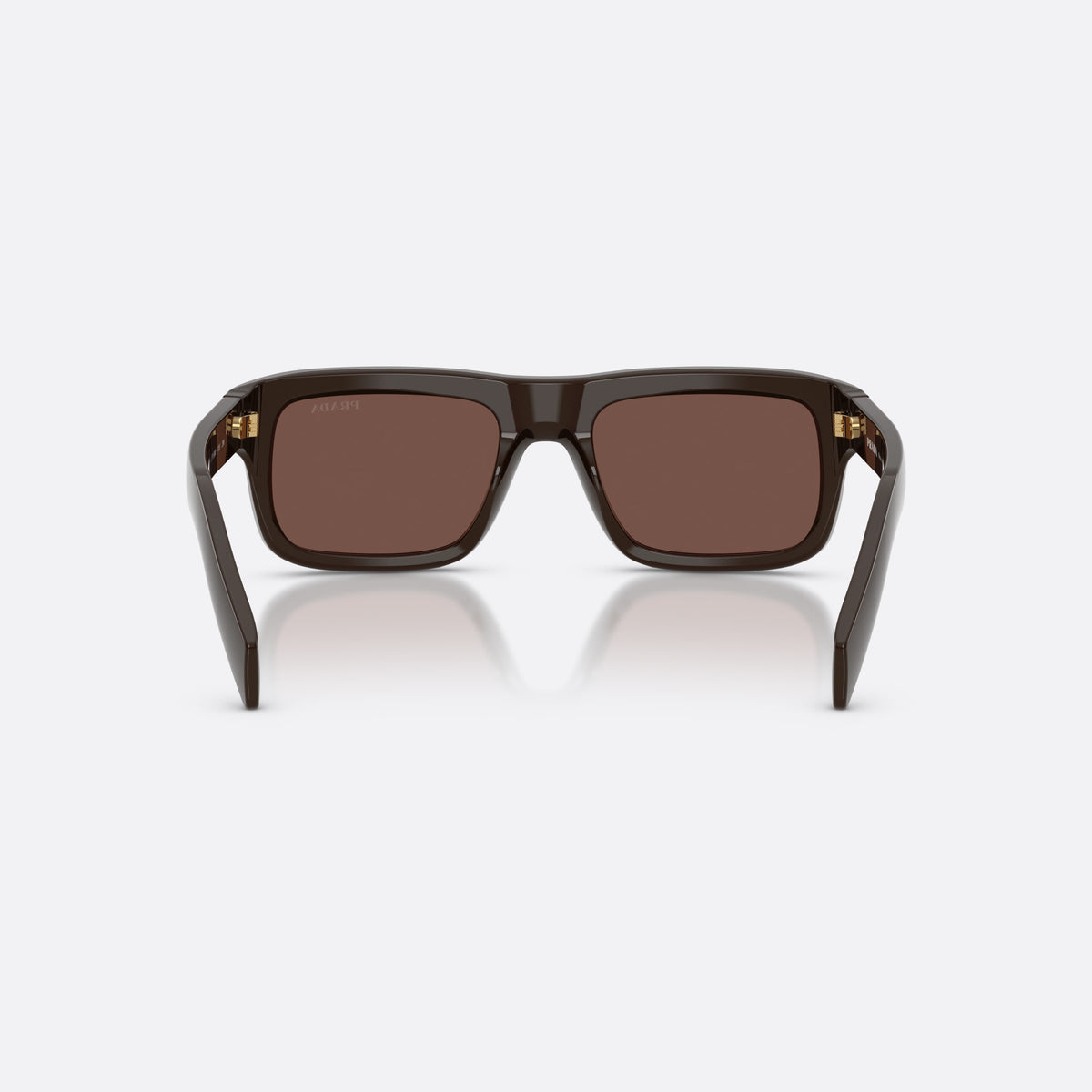 Prada PR D11S 27I90W sunglasses, brown rectangle frame for men, plain integrated bridge, brand lettering on temples, back view