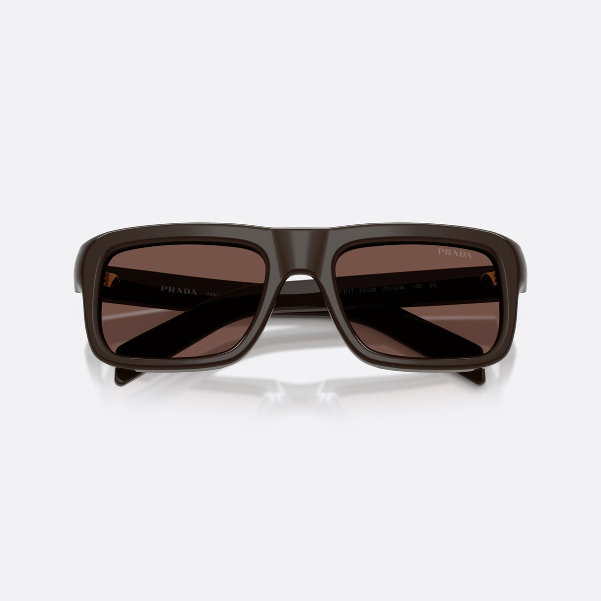 Prada PR D11S 27I90W sunglasses, brown rectangle frame for men, plain integrated bridge, brand lettering on temples, folded