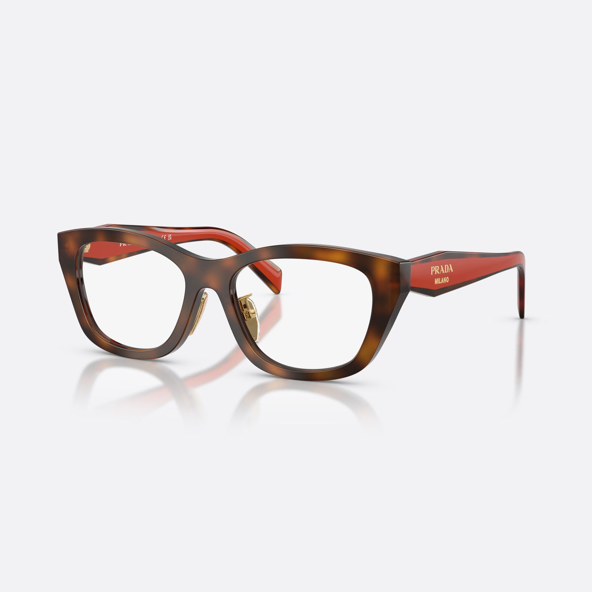 Prada PR D11VD 01K1O1 eyeglasses, havana irregular frame for women, keyhole bridge, brand lettering on temples, full-rim frame