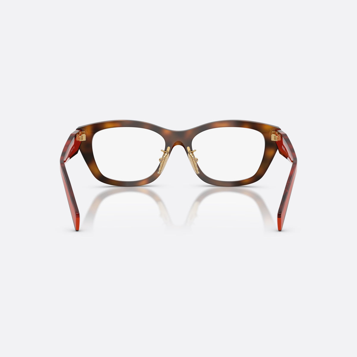 Prada PR D11VD 01K1O1 eyeglasses, havana irregular frame for women, keyhole bridge, brand lettering on temples, full-rim frame, back view