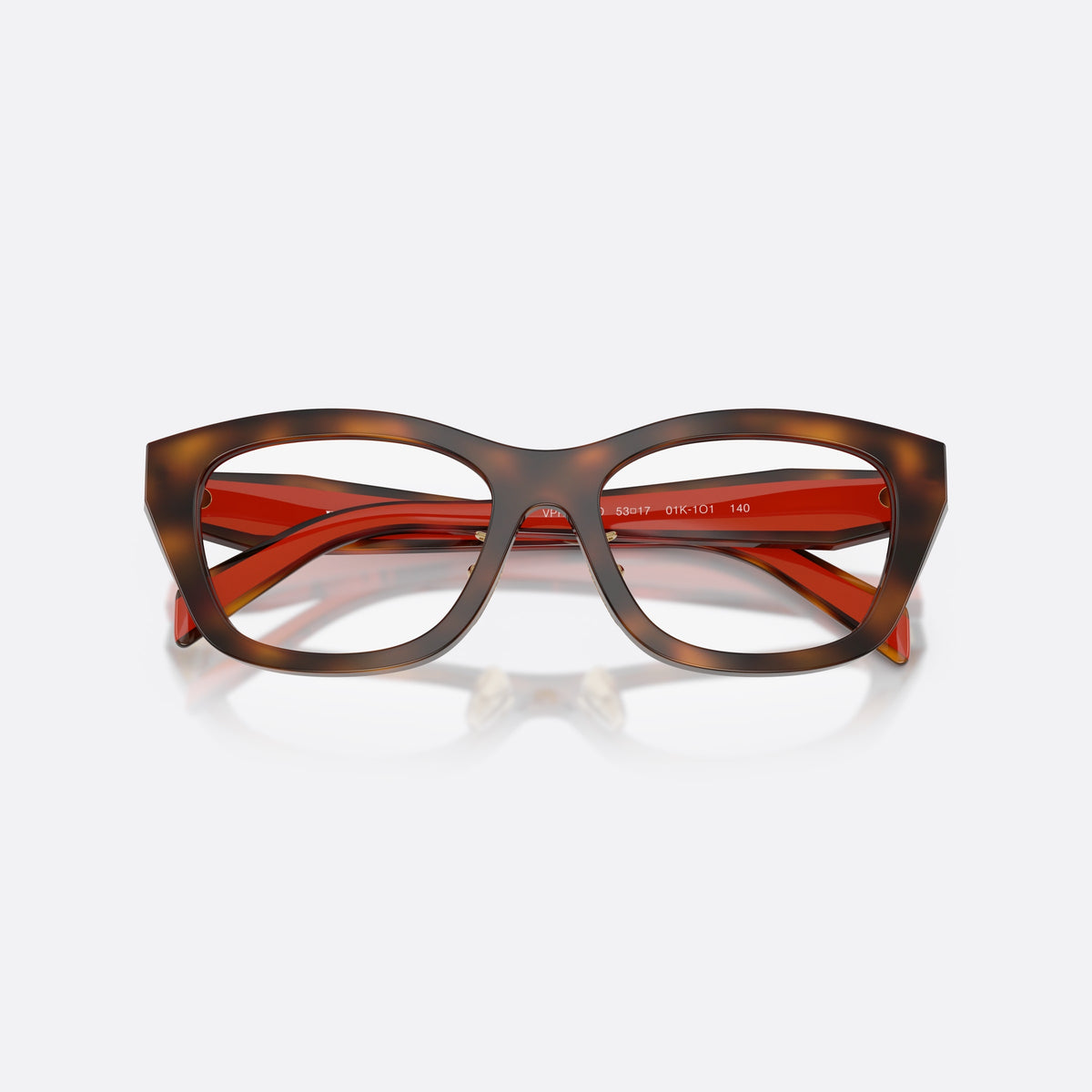 Prada PR D11VD 01K1O1 eyeglasses, havana irregular frame for women, keyhole bridge, brand lettering on temples, full-rim frame, folded