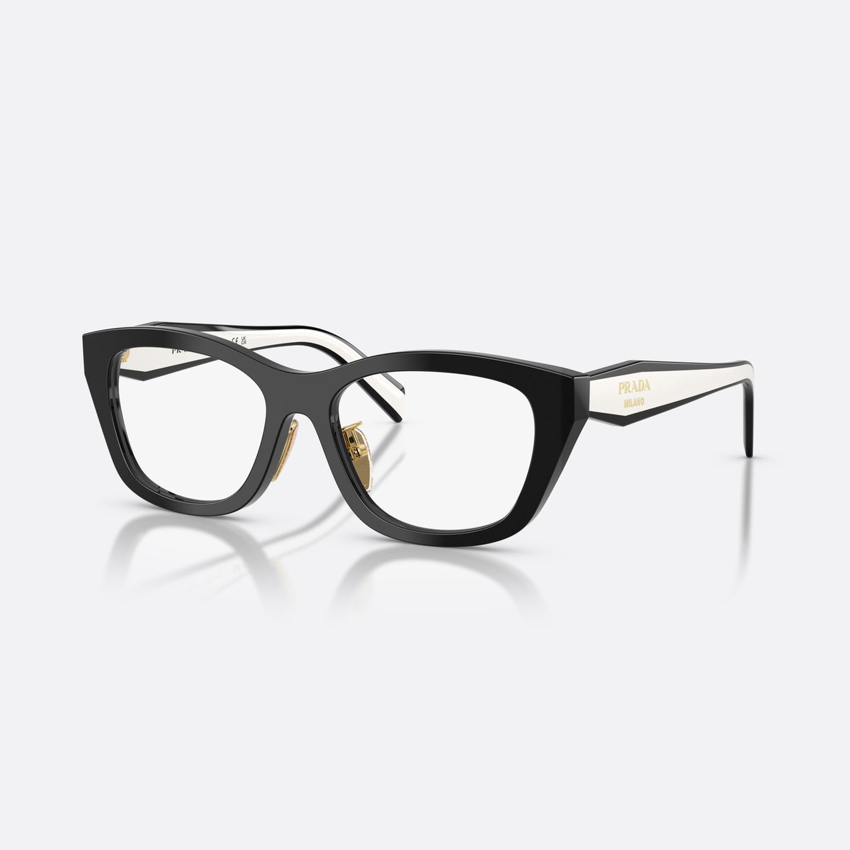 Prada PR D11VD 20G1O1 eyeglasses, black irregular frame for women, plain bridge, integrated into rim, tapered temple tips