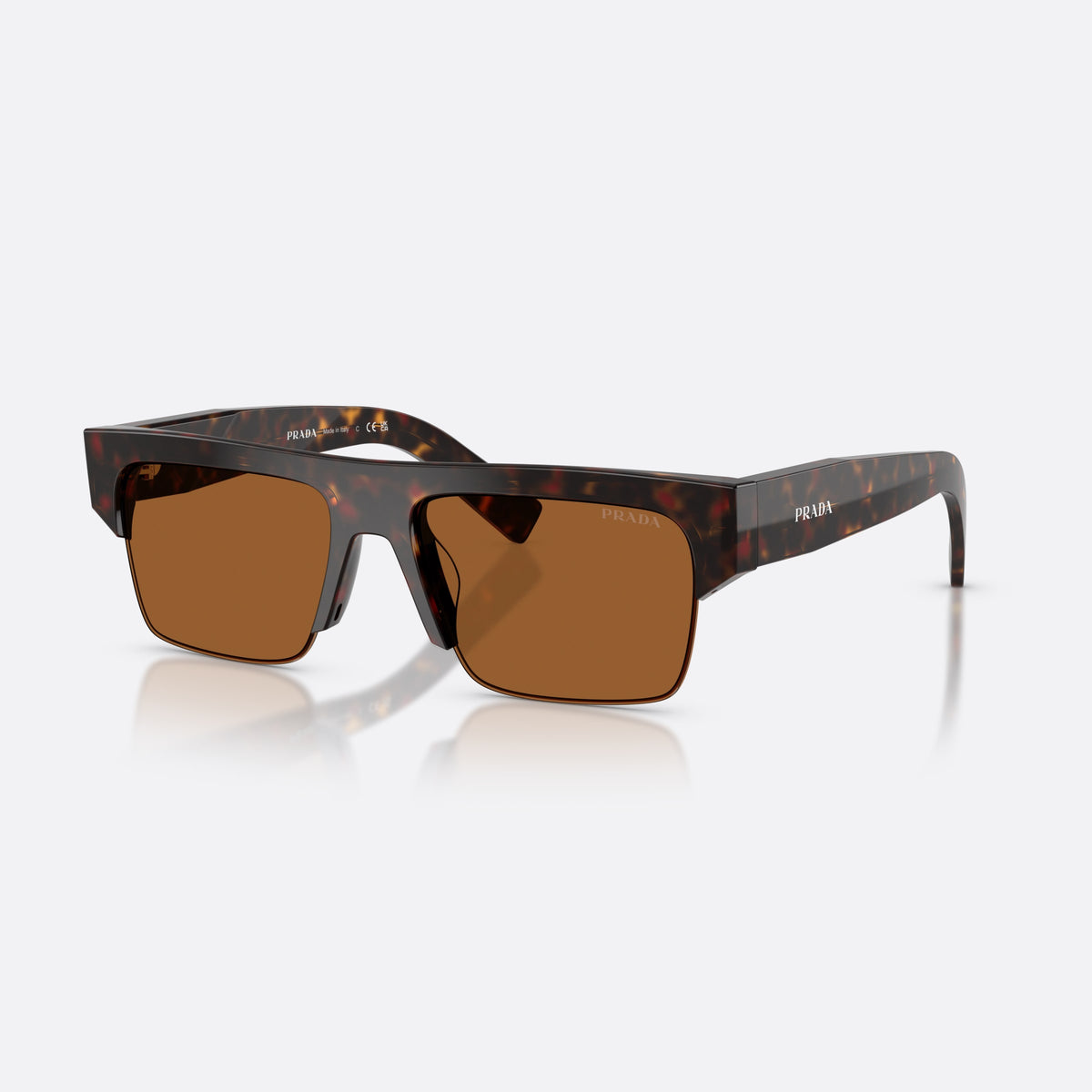 Ochelari de soare Prada PR D12SU 17N20V, rectangulari havana, pentru bărbați, punte simplă cu bară groasă sus, literele brandului pe brațe