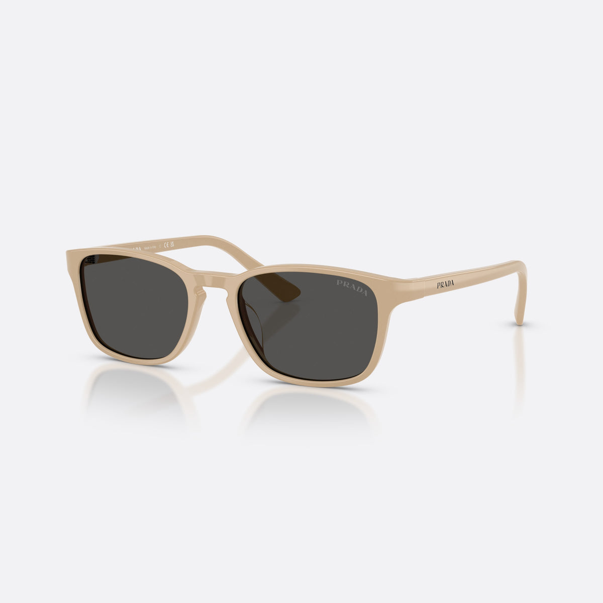 Prada PR D13SU 26I08Z sunglasses, brown pillow frame for men, brand logo on temple, flat temples with tapered ends