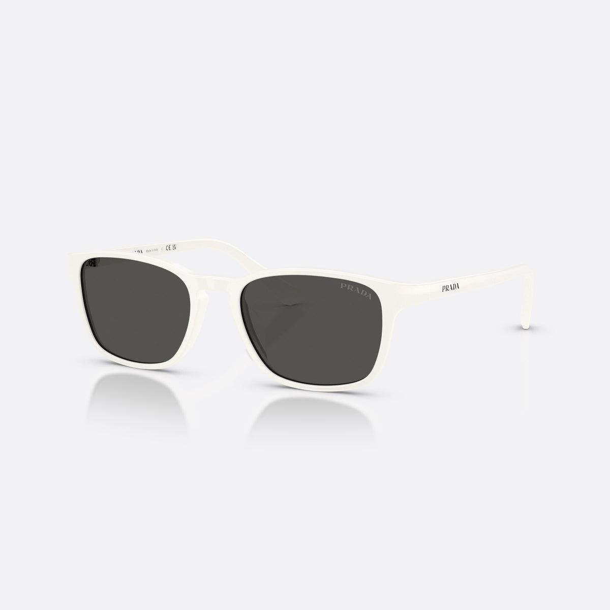 Prada PR D13SU 27M08Z sunglasses, white pillow frame for men, brand lettering on the temples, slim tapered temples