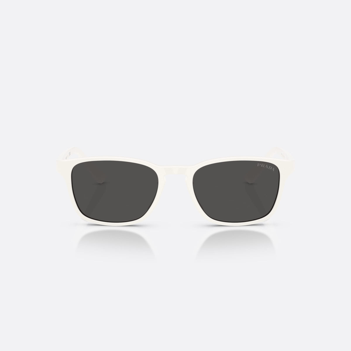 Prada PR D13SU 27M08Z sunglasses, white pillow frame for men, brand lettering on the temples, slim tapered temples, front view
