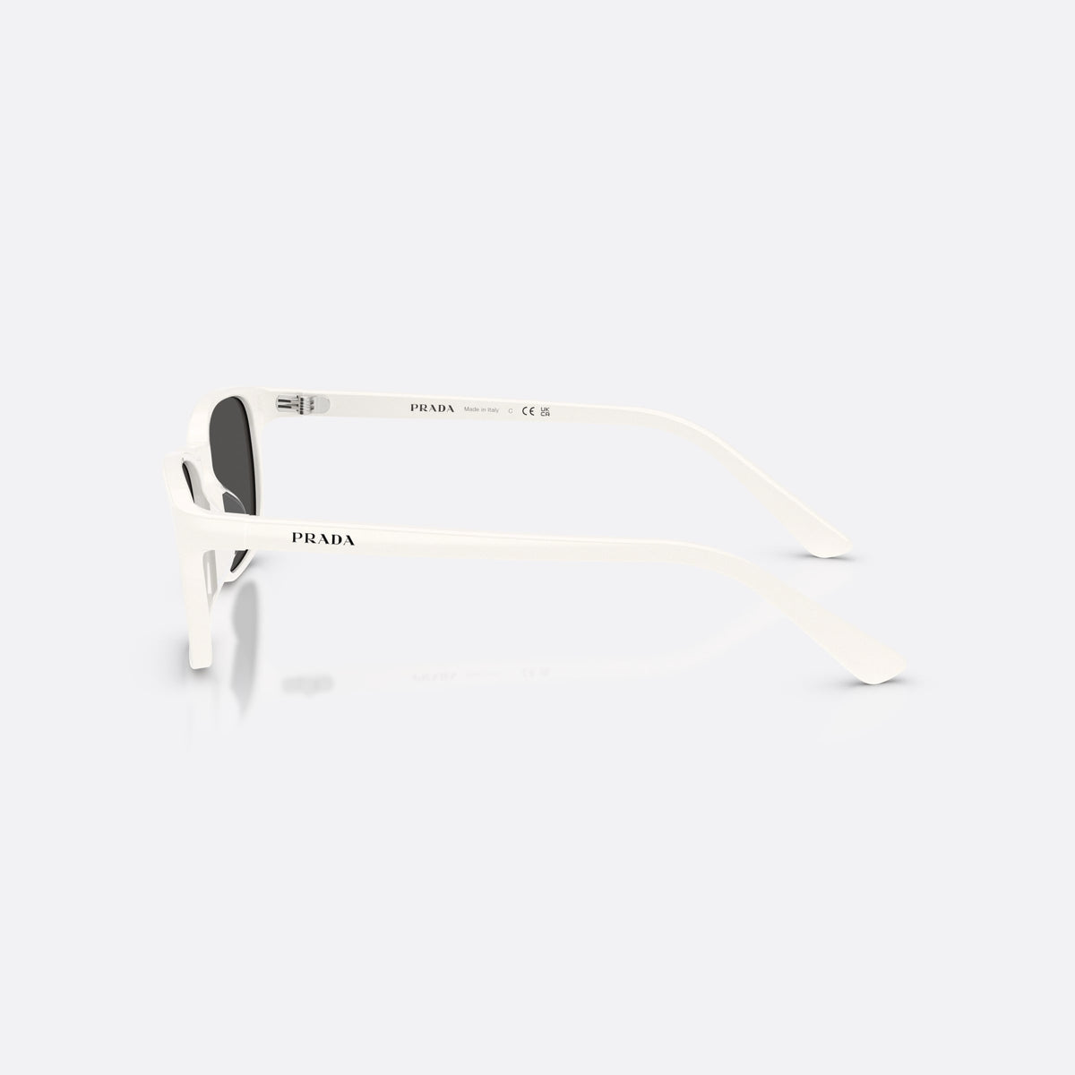 Prada PR D13SU 27M08Z sunglasses, white pillow frame for men, brand lettering on the temples, slim tapered temples, side view